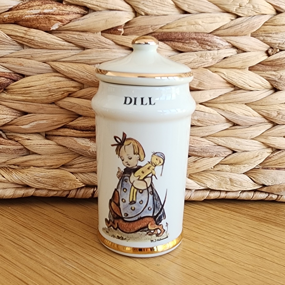 Vintage M.J. Hummel Ceramic Dill Spice Jar with Gold Accents